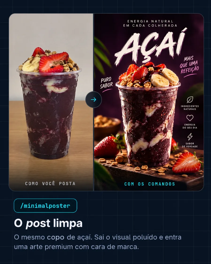 Antes e depois do /minimalposter: o copo de açaí caseiro vira pôster premium