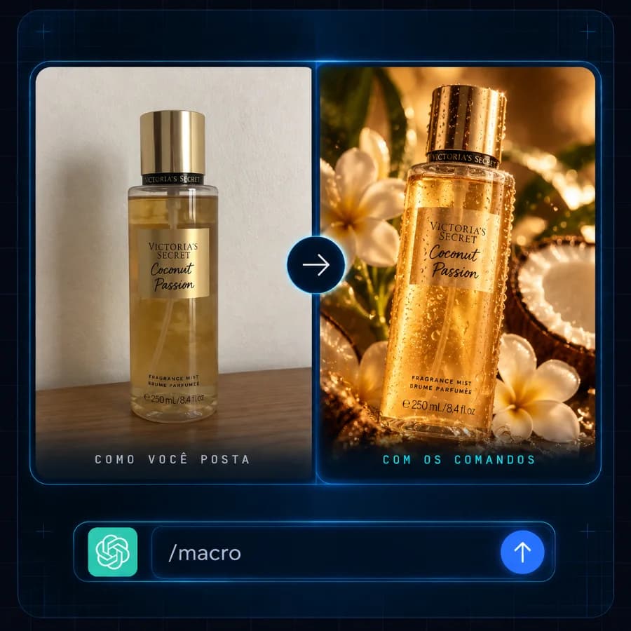 Antes e depois do /macro: o frasco de perfume vira close de campanha