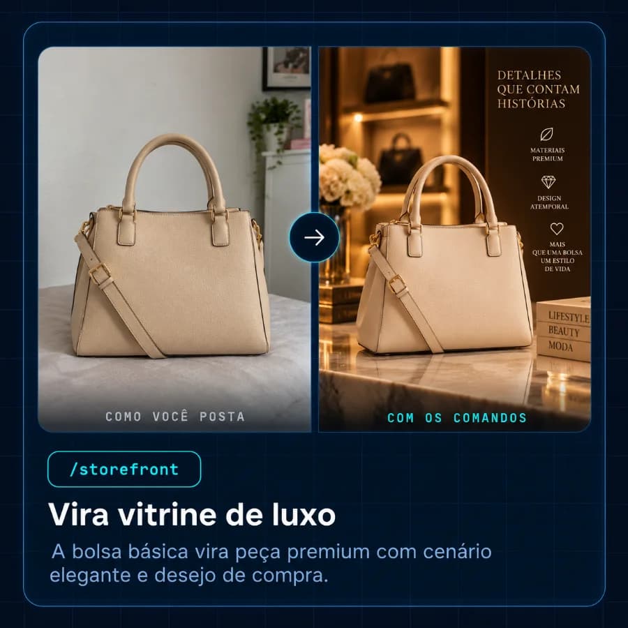 Antes e depois do /storefront: a bolsa básica vira vitrine de luxo