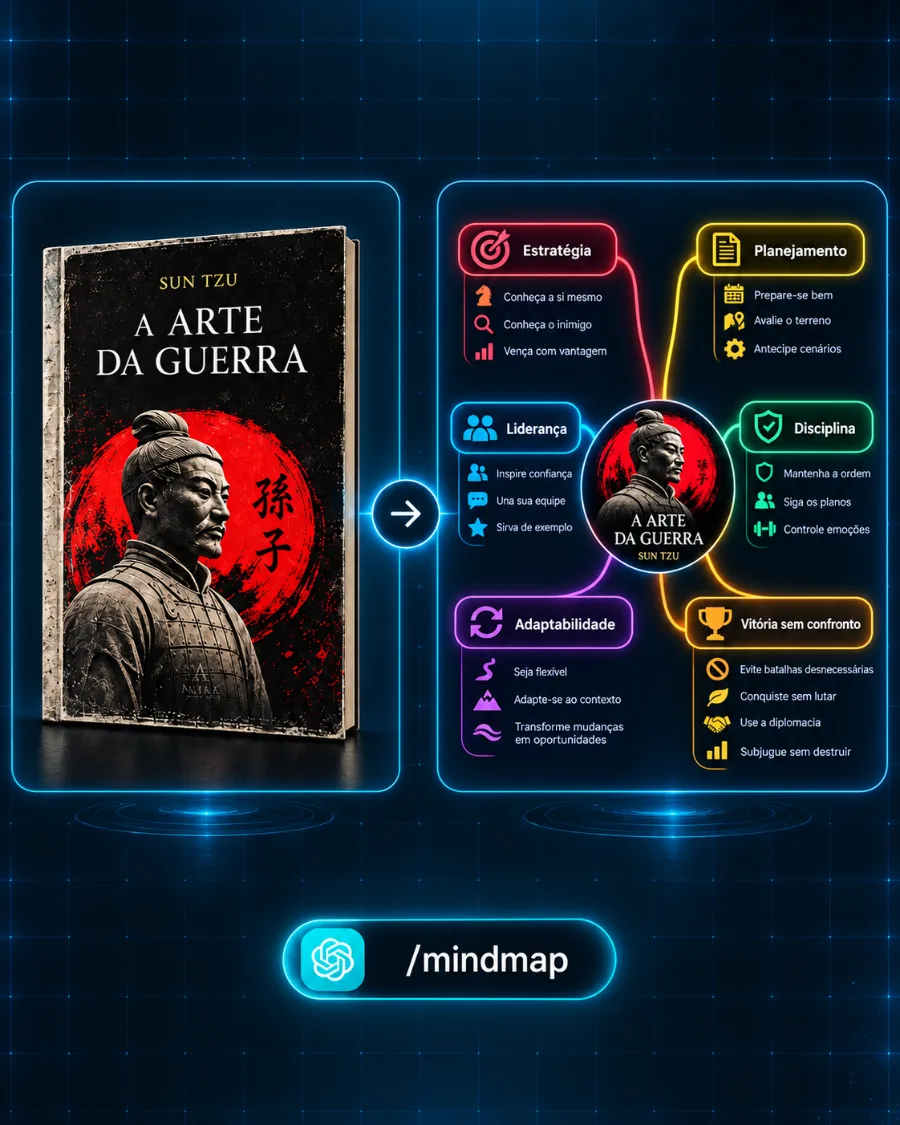Antes e depois do /mindmap: o livro vira mapa mental ilustrado