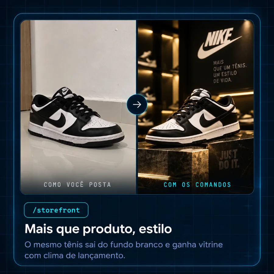 Antes e depois do /storefront: o tênis sai do fundo branco e ganha vitrine