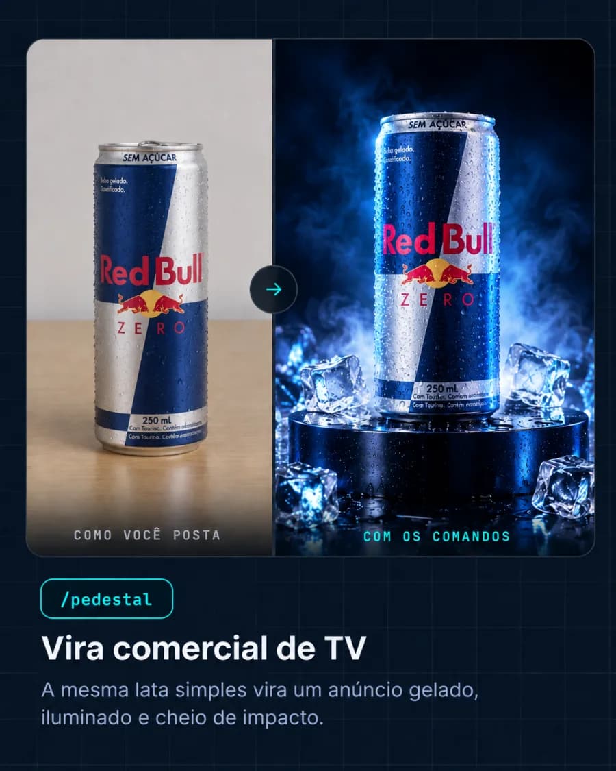 Antes e depois do /pedestal: a lata vira comercial de TV com gelo e luz