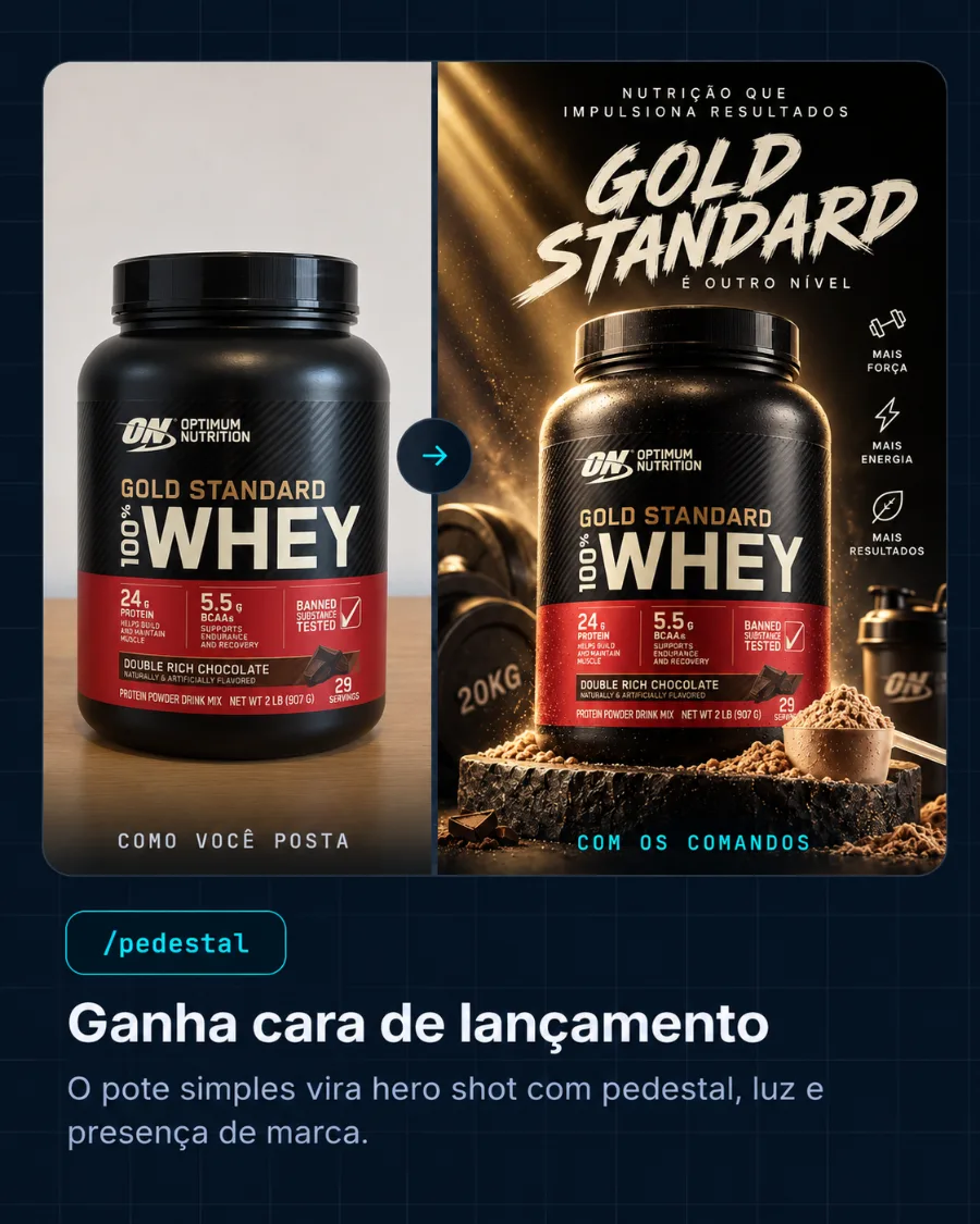 Antes e depois do /pedestal: o pote de whey ganha cara de lançamento