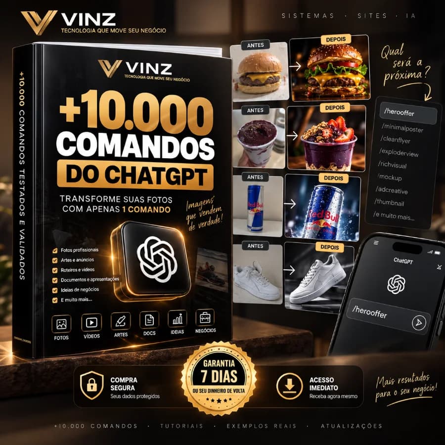Capa do pacote +10.000 Comandos do ChatGPT, com antes e depois de burger, açaí, Red Bull e tênis