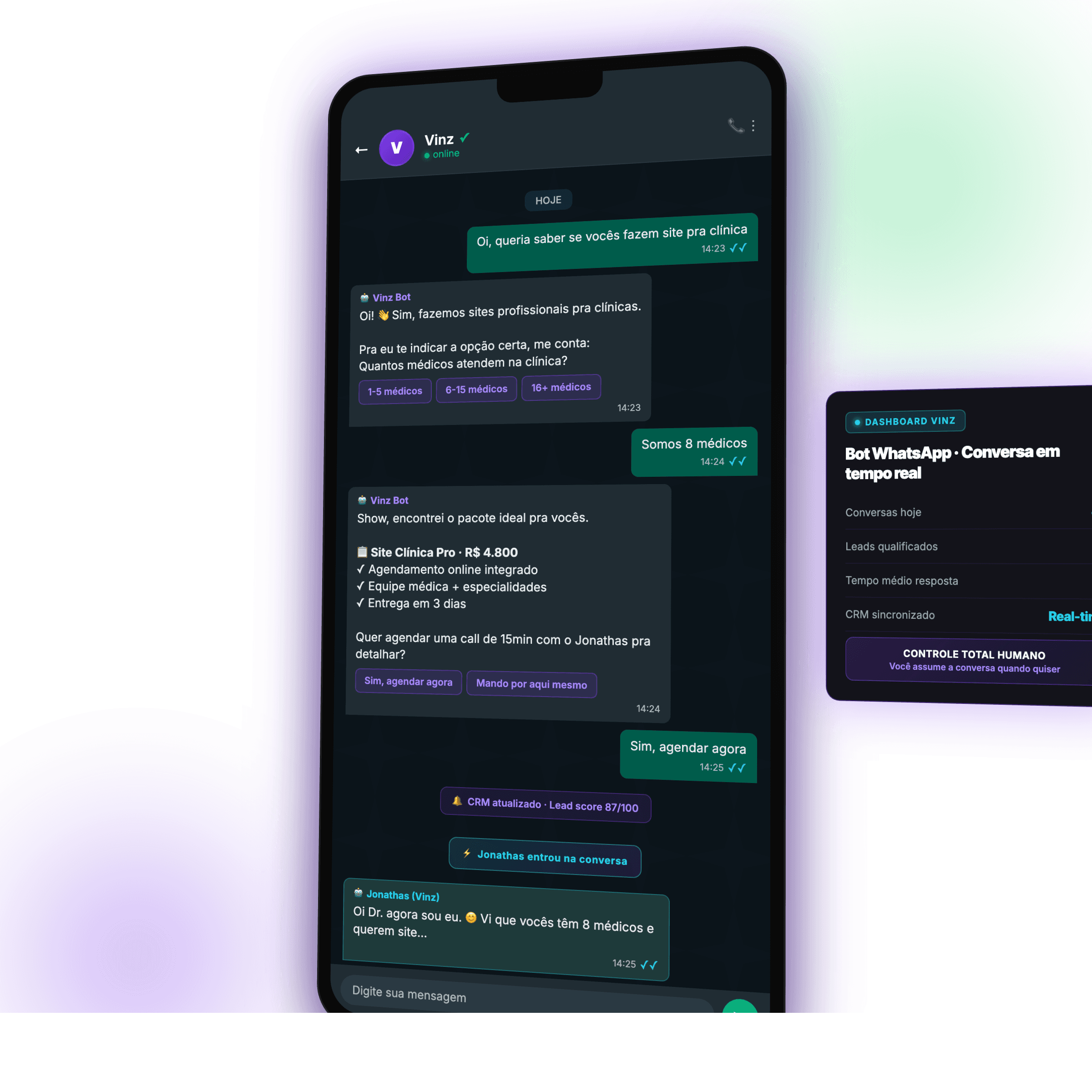 Conversa WhatsApp ao vivo com chatbot Vinz qualificando lead de clínica e fazendo handoff pro Jonathas