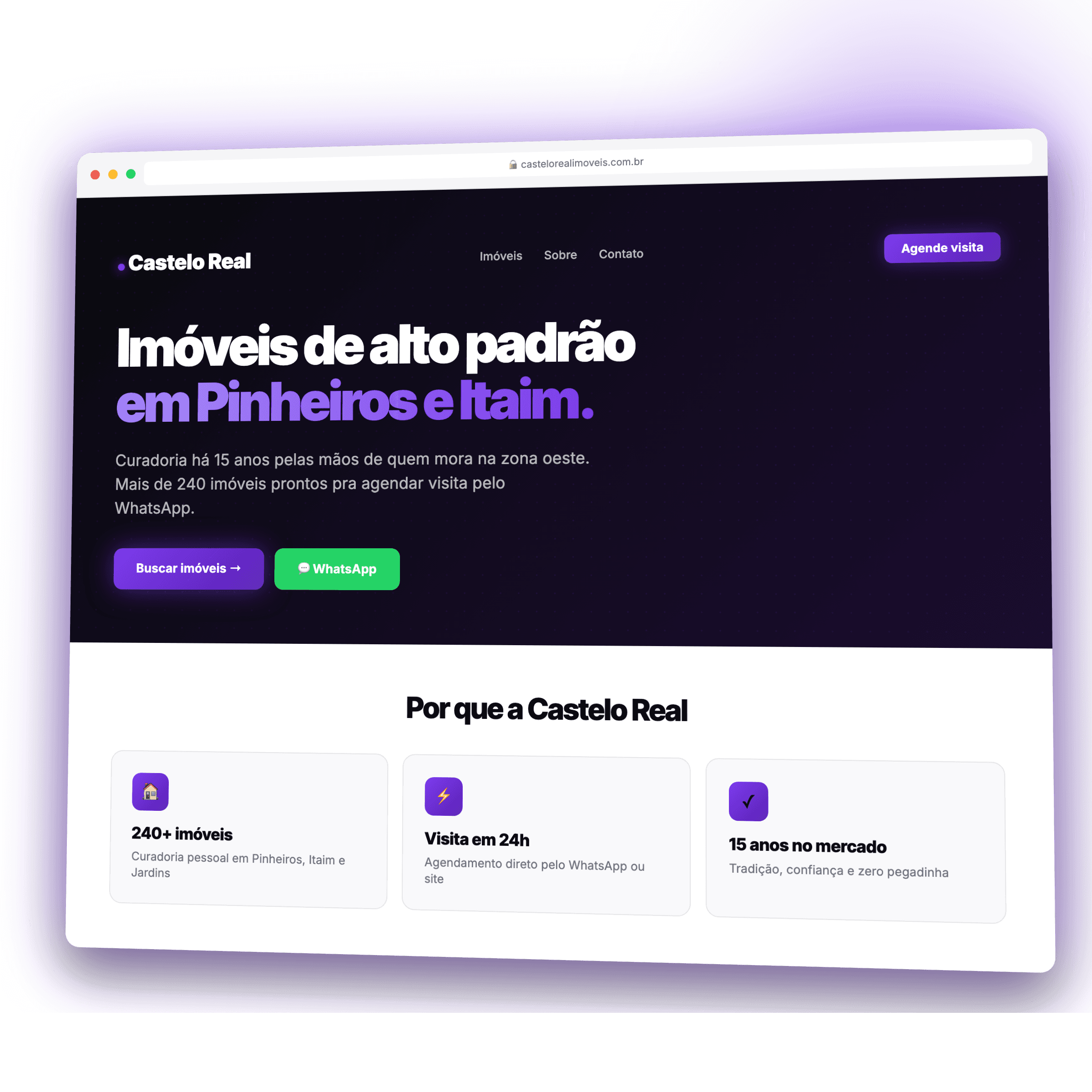 Mockup de site profissional Vinz com hero, navegação e cards de feature, identidade preto+roxo